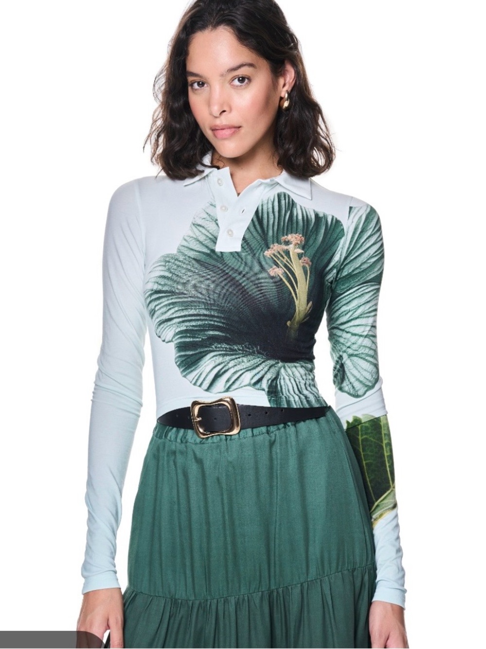 The Kit Natalie Cropped Polo Top in Stormy Hibiscus.